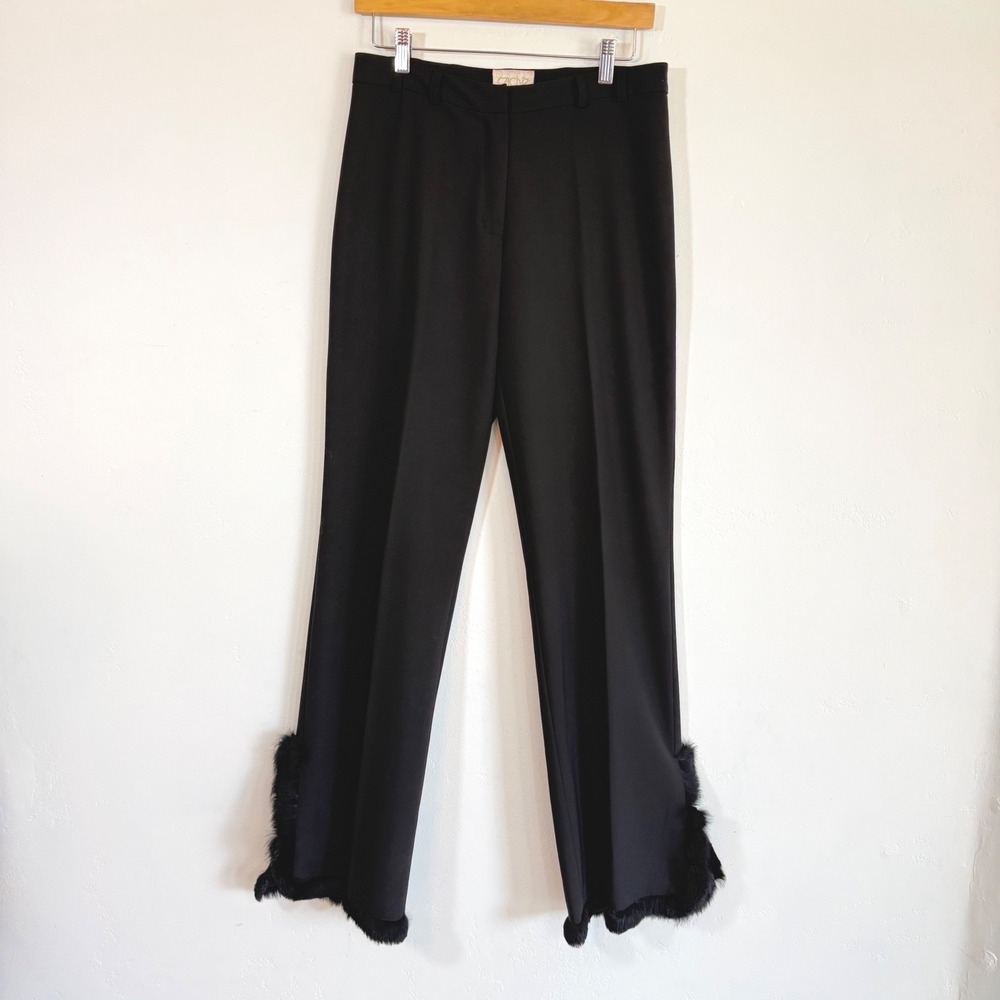 Vintage Cache Trousers Black Rabbit Fur Trim Wool Blend Flare Pants French Y2K 8